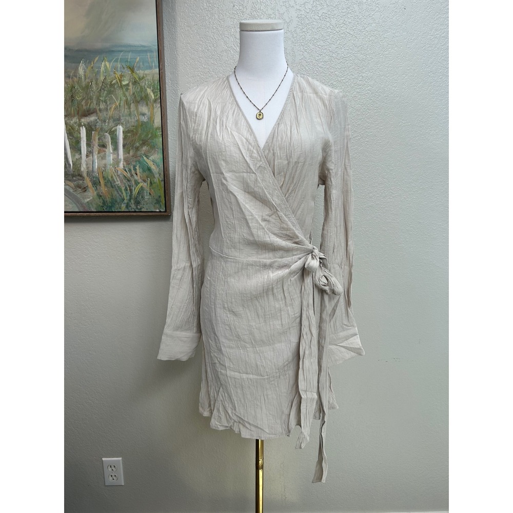 H&M Cream Wrap Mini Dress Neutral Minimalist Long Sleeve Linen Look
